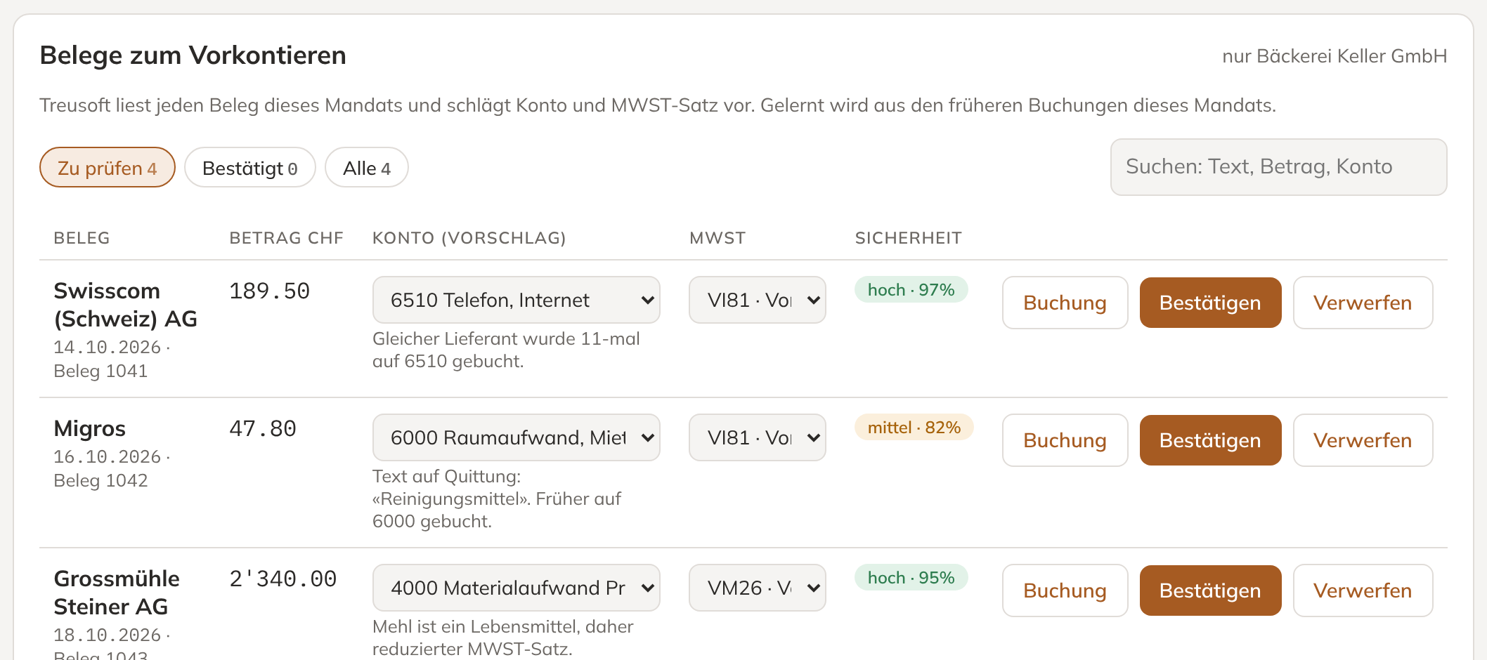 Treusoft: Liste der Belege mit Kontovorschlag, MWST-Code und Sicherheit des Vorschlags